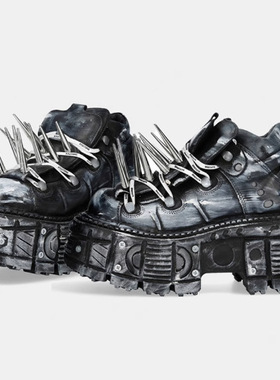 亚比赛博哥特皮鞋重金属暗黑摇滚机车靴做旧尖刺帮鞋厚底鞋