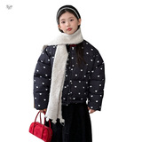 女童加厚棉服2025年冬季新款满印爱心保暖短款棉衣中大童休闲外套，童装棉衣，祺儿童装