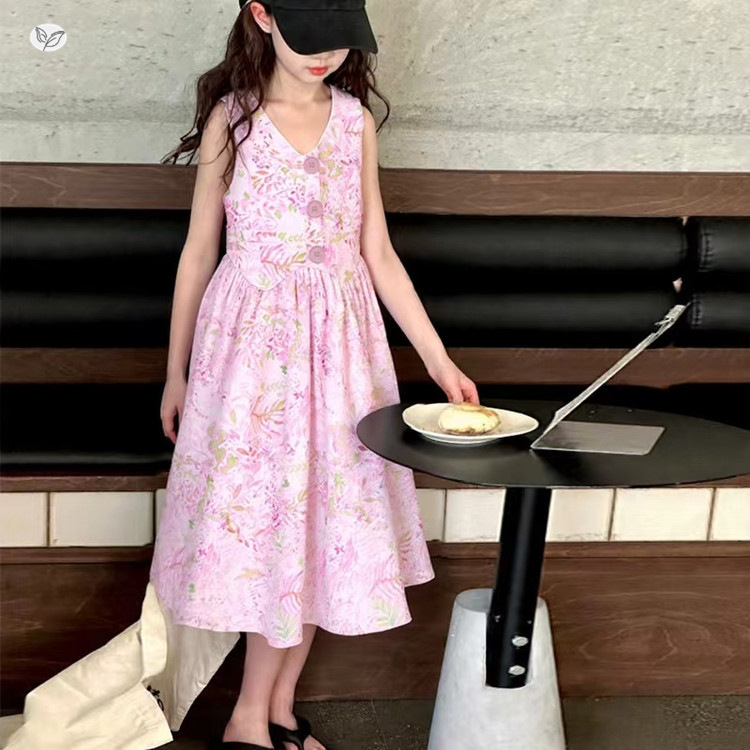 连衣裙女童2025夏季新款花朵无袖棉布背心裙中大童洋气中长裙儿童，童装连衣裙，祺儿童装