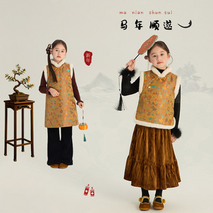 小女孩中大女童唐装马甲中国风旗袍裙新中式背心裙夹棉拜年服冬