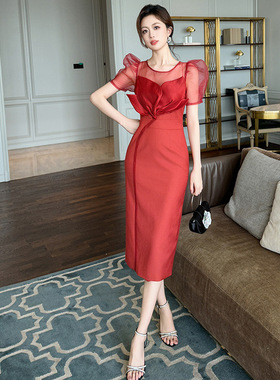 2025夏季新款法式复古设计感花瓣拼接泡泡袖收腰开叉连衣裙30917