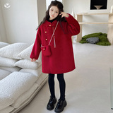 女童2025年冬季新款年服新中式盘扣加绒毛呢大衣女大童风拜年服，童装外套，祺儿童装