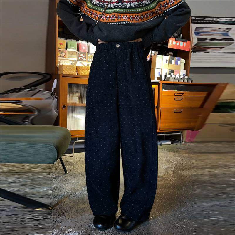 黑藏青复古波点阔腿奶奶裤女2025冬季新款宽松显瘦加绒直筒休闲裤,女装/女士精品,休闲裤,淘宝优惠券,粉丝福利购,淘宝优惠卷