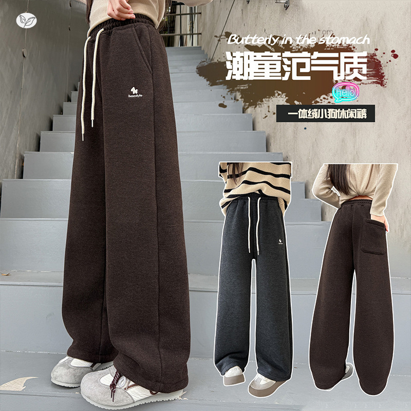 女童加绒裤子2025年秋冬新款刺绣阔腿裤中大童百搭直筒裤保暖长裤，童装裤子，祺儿童装