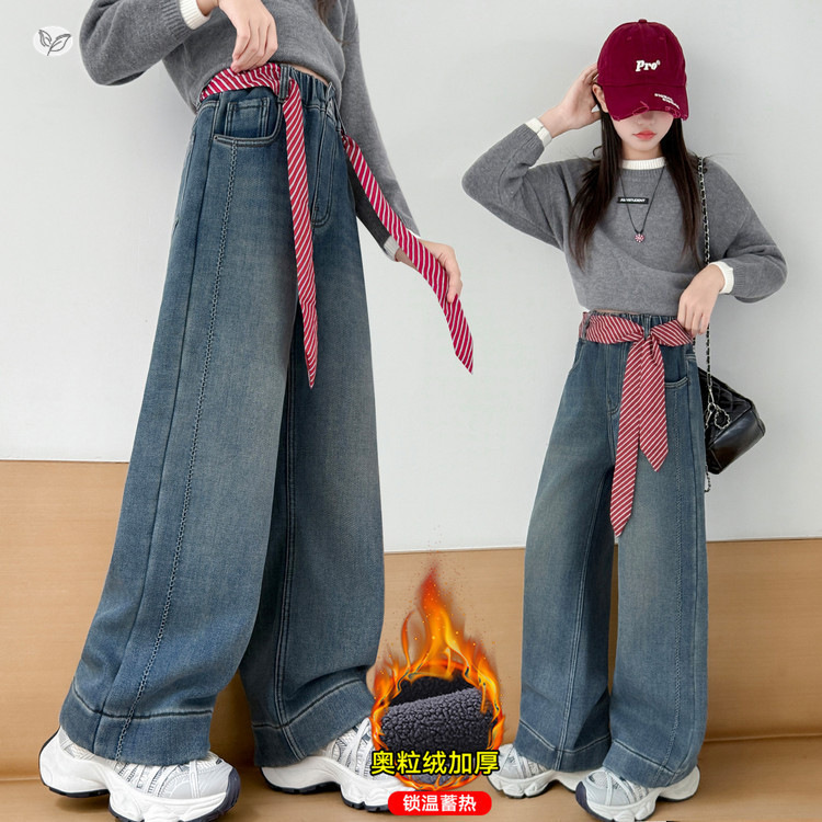 女童牛仔裤加绒加厚2025秋冬新款中大童纯色阔腿裤直筒裤休闲长裤,童装裤子,祺儿童装 女童牛仔裤加绒加厚2025秋冬新款中大童纯色阔腿裤直筒裤休闲长裤,童装裤子,祺儿童装