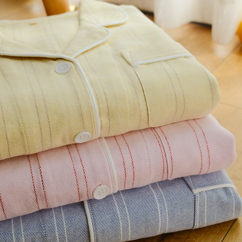 暖棉~无印条纹情侣睡衣春秋冬季全棉大码女士纯棉磨毛家居服套装