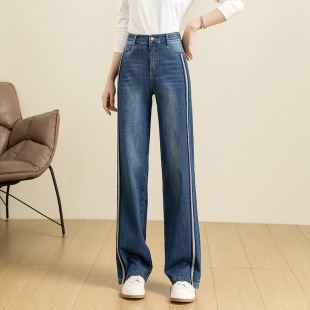 妙语牛仔裤撞色拼接直筒裤女2025年秋季新款腰显瘦窄版阔腿裤潮