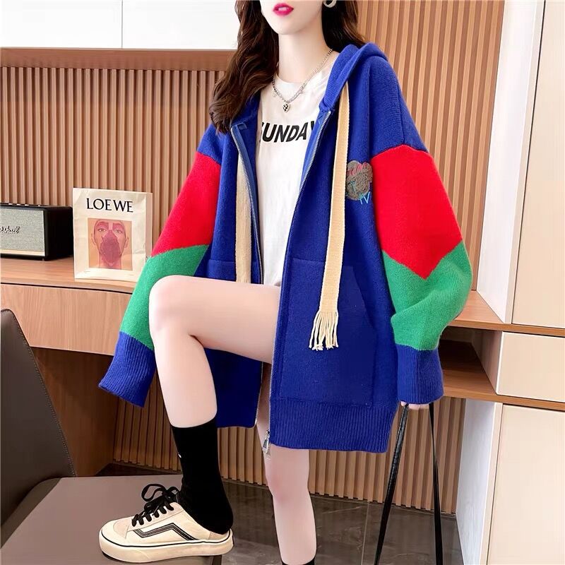 2022年秋冬韩版宽松设计感针织外套中长款加厚连帽毛衣开衫女时尚
