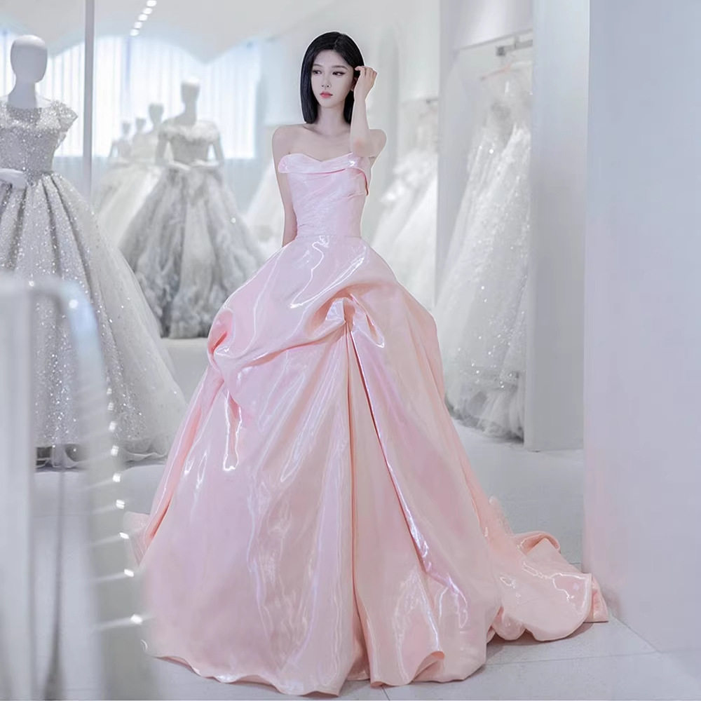 粉色抹胸晚礼服端轻奢缎面订婚生日毕业成人礼主持人宴会蓬蓬裙