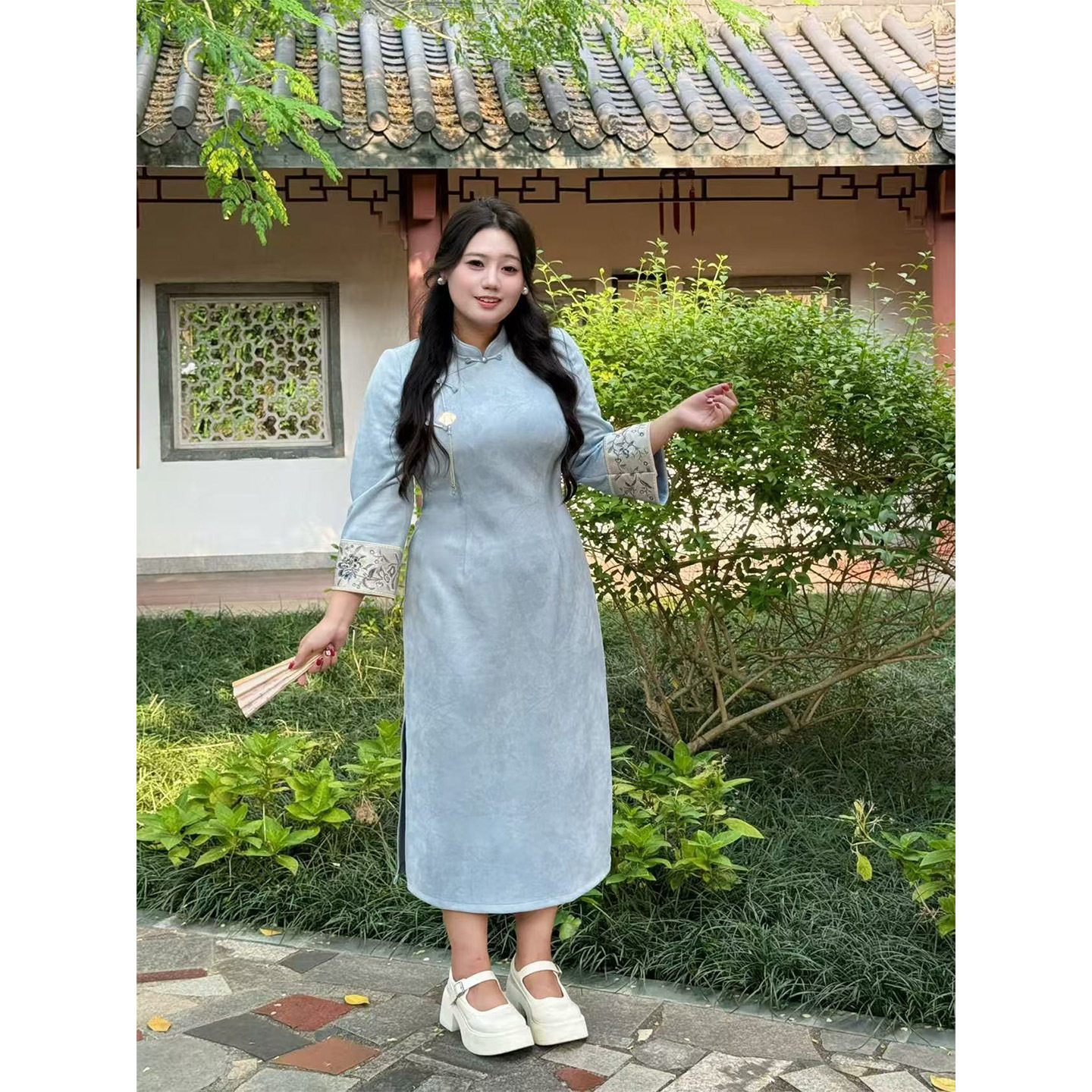 新中式改良裙蓝色素雅民国风旗袍
