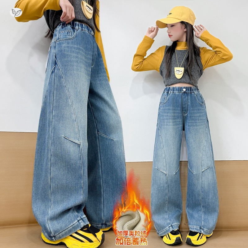 女童加绒弯刀裤2025年秋冬新款中大儿童拼接牛仔裤阔腿裤皮标长裤，童装裤子，祺儿童装