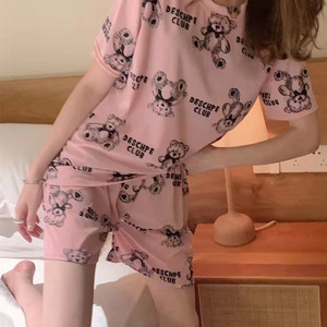 夏季冰丝小熊闺蜜套装睡衣女家居服短裤短袖可爱睡衣裤情侣两件套