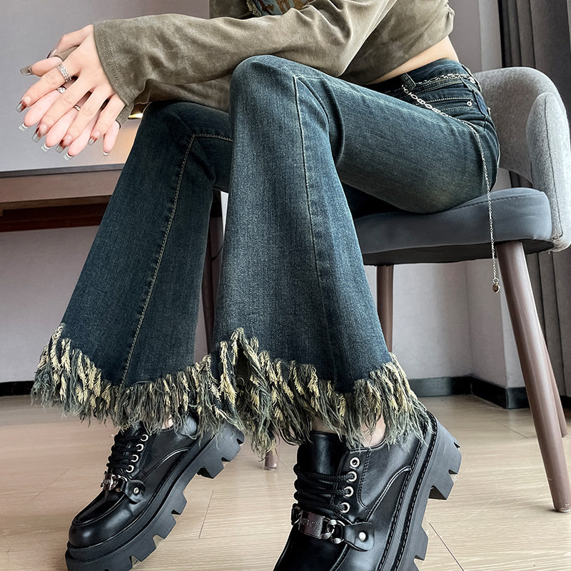 辣妹时尚流苏毛边弹力腰微喇牛仔裤女2024春款显瘦喇叭裤长裤子
