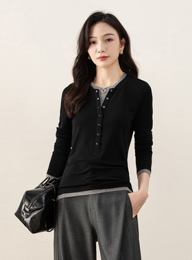 Eworld25秋拼接假两件上衣女减龄显瘦内搭天丝羊毛打底衫X65589