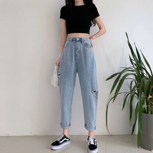 破洞牛仔裤女夏季韩版bf风宽松腰显瘦直筒长裤乞丐哈伦老爹裤子