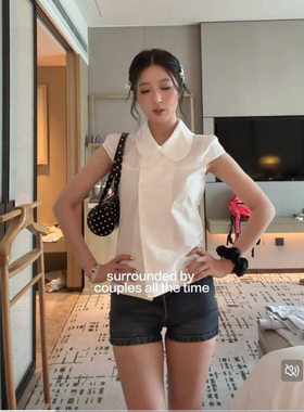 法式娃娃领白色衬衫短袖女夏季设计感衬衣小衫韩系收腰显瘦上衣潮