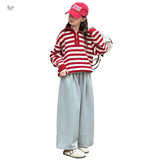 女童条纹毛衣2025年秋季新款加厚半拉链针织衫中大童休闲长袖上衣，童装毛衣，祺儿童装