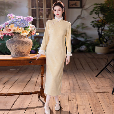 黄色加绒加厚冬装国风新中式长袖改良旗袍2025新款年轻款女秋冬季