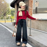 女童秋冬加绒牛仔裤2025年新款后袋樱桃刺绣阔腿裤中大童直筒长裤，童装裤子，祺儿童装