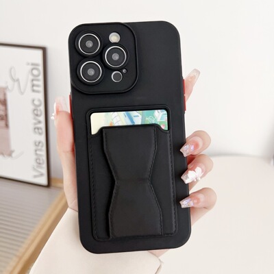 Pure color folding stand card holder matte soft case适用iphone 11 12 13 14 15 16 plus 17 pro max