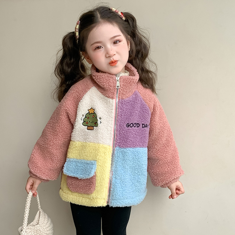 女童拼色毛毛衣秋冬季2025新款洋气时尚儿童夹棉加厚保暖冬装外套，童装外套，祺妙童装