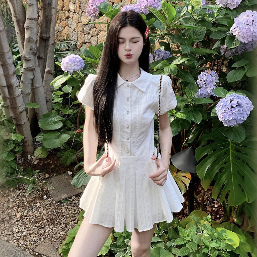 纯欲风白色衬衫连衣裙女装2025新款夏季小个子甜美气质百褶短裙子