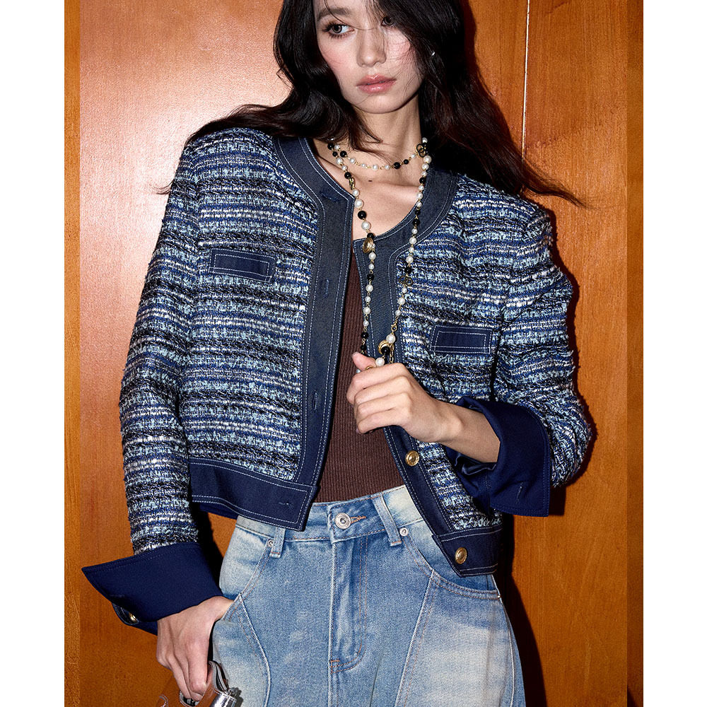 翡格依2026春款法式小香风复古牛仔拼接羊毛粗花呢蓝色毛呢外套女,女装/女士精品,毛呢外套,淘宝优惠券,粉丝福利购,淘宝优惠卷