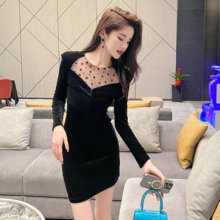 女纯欲风性感网纱圆点拼接修身 包臀丝绒连衣裙9703 新款 2025秋冬装