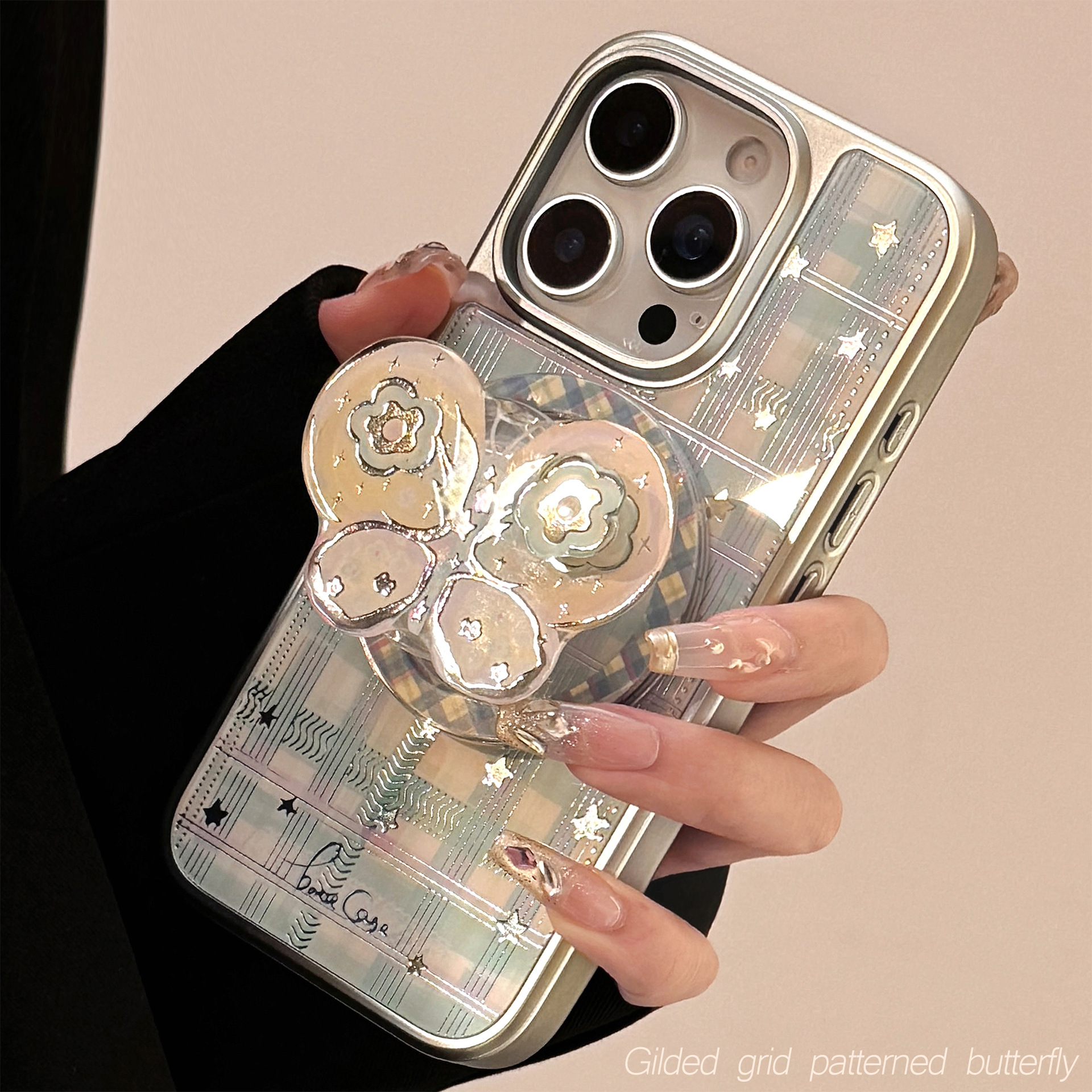 鎏金适用iphone15苹果16promax手机壳旋转蝴蝶结磁吸支架14plus格纹13防摔软萌112鎏金流沙可爱格子