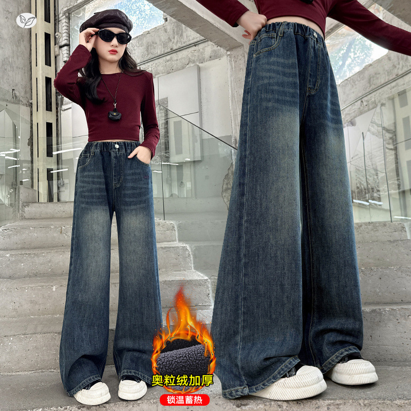 女童秋冬加绒牛仔裤2025年新款中大童刺绣阔腿裤百搭修身长裤冬装，童装裤子，祺儿童装