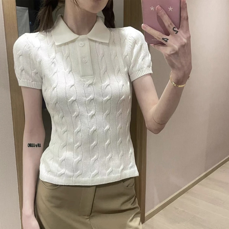 拉夫RL短袖针织Polo衫棉修身版绞花T恤女装RL24022短款上衣女休闲