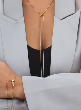 欧美跨境饰品 简约百搭长款流苏项饰 时尚可调节金属方蛇骨链项链