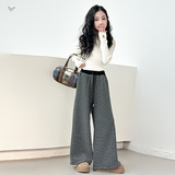 女童2025年冬季新款条纹加绒裤女孩软糯慵懒风保暖阔腿裤垂条长裤，童装裤子，祺儿童装