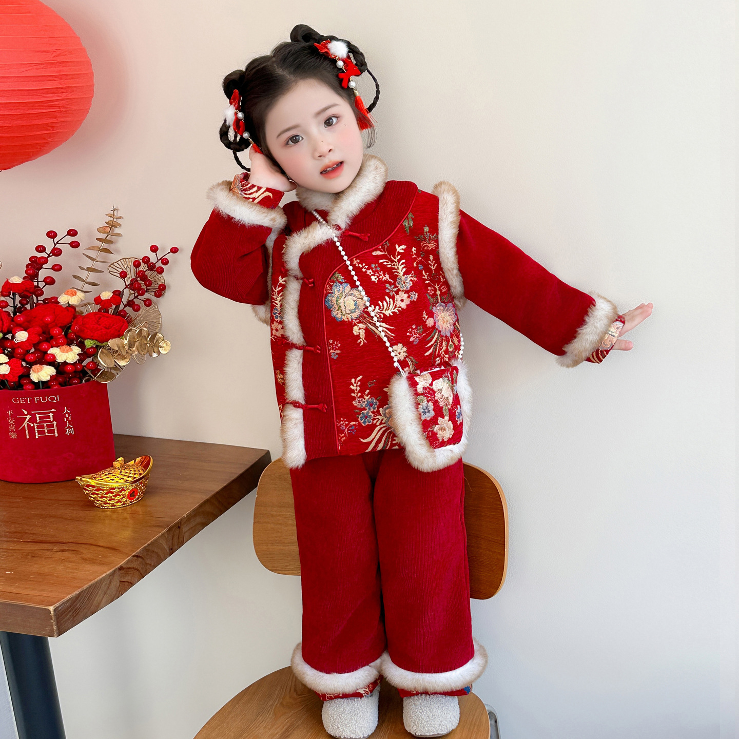 女小童风拜年服套装冬装加厚喜庆汉服唐装儿童元旦演出服P115，童装休闲套装，祺妙童装