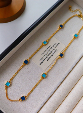 极简欧美时尚蓝色滴油方块项链轻奢小众复古精致气质百搭锁骨链