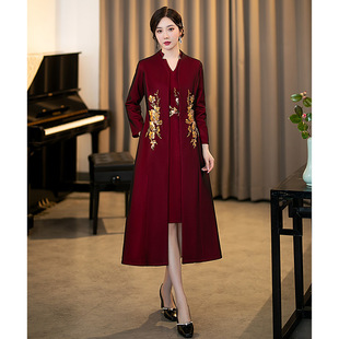 妈妈装旗袍大码喜婆婆婚宴装外搭秋装参加婚礼礼服连衣裙大衣外套