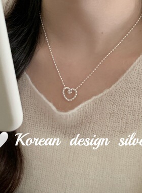 韩系ins风设计个性银饰 S925纯银简约麻花镂空爱心项链百搭级感