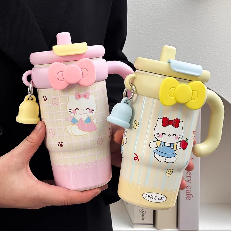 可爱卡通猫咪水杯316不锈钢保温杯带挂件手把水杯女学生礼品杯子