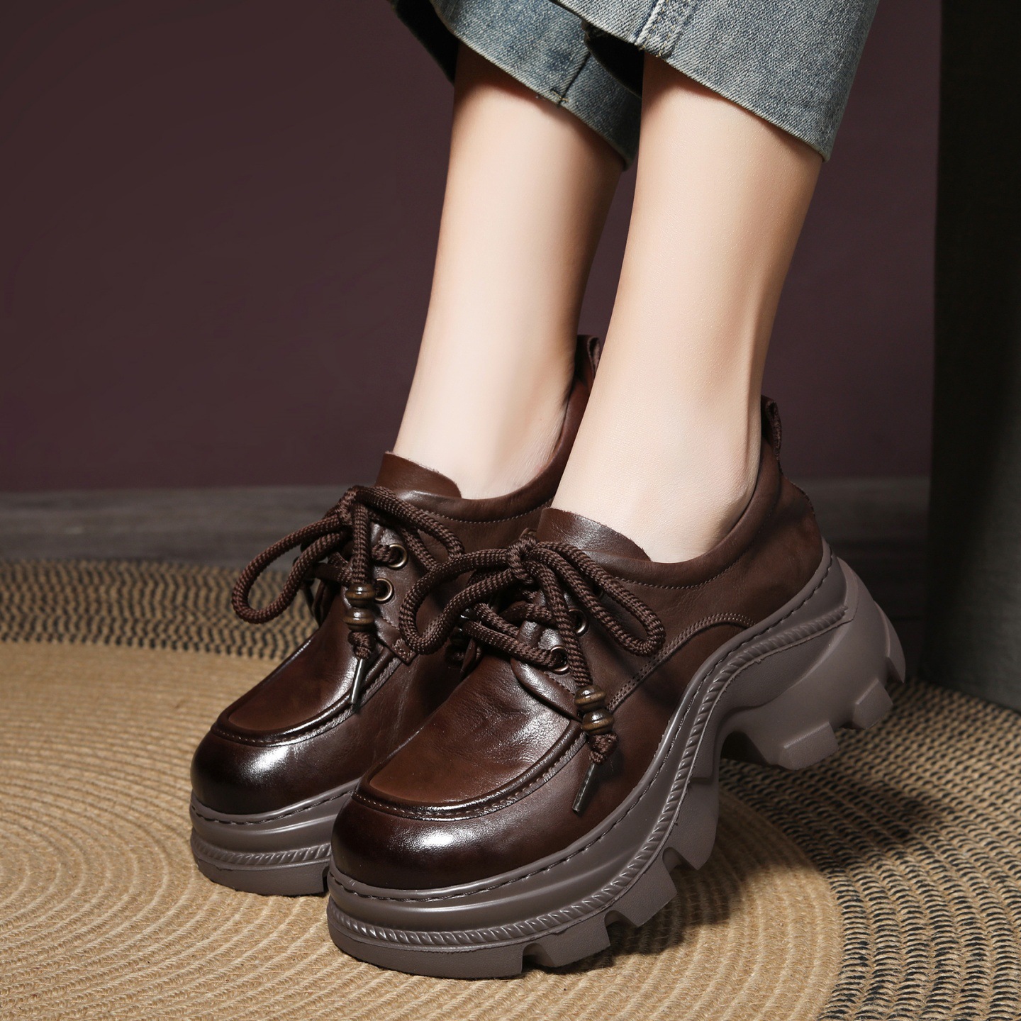 2025秋季新款真皮厚底乐福鞋