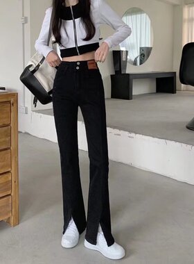 2026女装新款春装  黑色开叉牛仔长裤  设计感腰显瘦分叉微喇叭裤