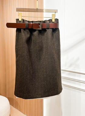 2025年冬季轻奢风都市通勤腰带羊毛咖色灰色中长裙半身裙XRJ6Q01D