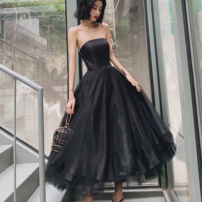 年会晚礼服女2026新款气质显瘦蓬蓬裙黑色长款生日派对抹胸小礼服