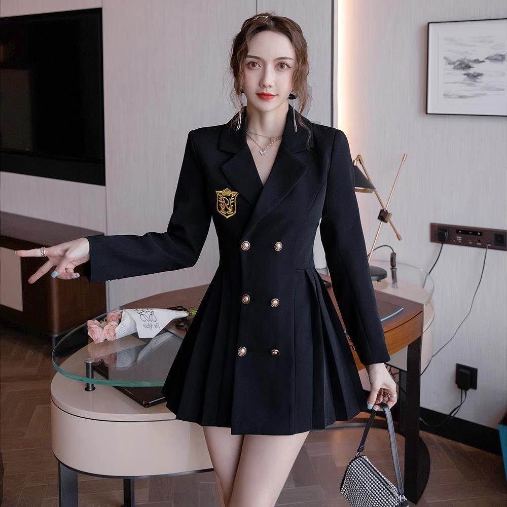 学院风双排扣西装连衣裙女2026春秋新款收腰显瘦长袖百褶短裙子女