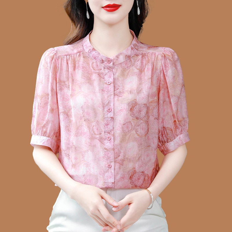 杭州高贵碎花真丝衬衫女士五分袖气质妈妈夏装新款大牌桑蚕丝上衣