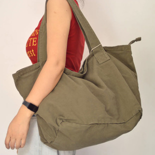 日系复古帆布托特包软面百搭肩斜挎包包女慵懒风简约布包袋子