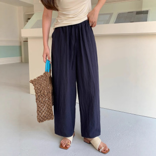 夏季轻薄宽松复古嘉兴天丝女裤亚麻裤腰系带阔腿九分奶奶裤女