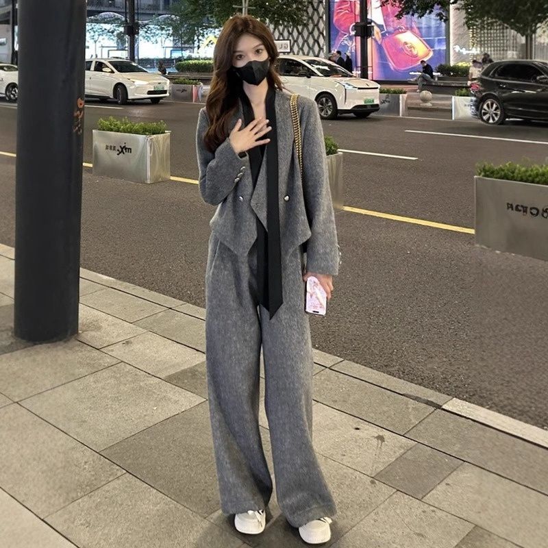 时尚级飘带毛呢西装外套女秋休闲筒裤秋冬新款两件套套装韩版