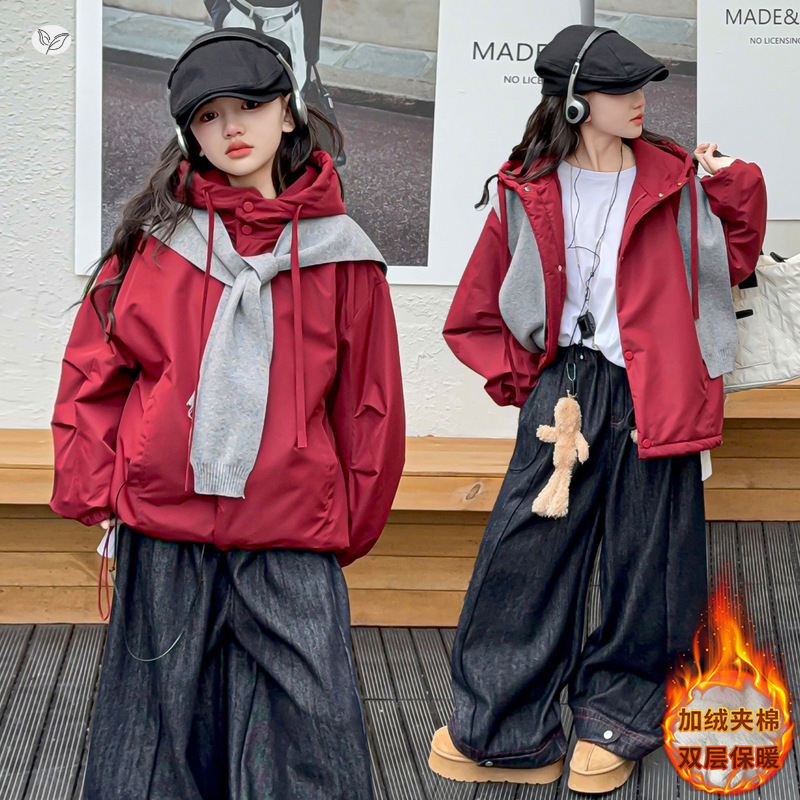女童加绒加厚外套2025冬季新款中大童连帽夹克衫休闲短款外出上衣，童装外套，祺儿童装