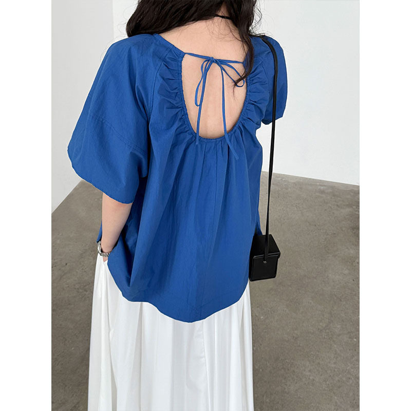 法式后背绑带镂空露背衬衫女夏季宽松遮肚减龄短袖圆领娃娃衫上衣