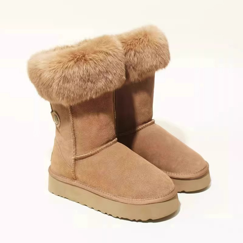 2025新款秋冬皮毛一体加绒加厚长筒雪地靴女棕色厚底靴子保暖棉鞋